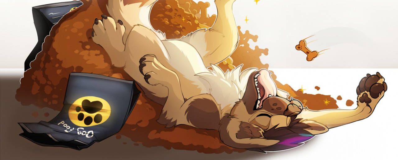 Digitally rendered shaded art by Megenta7 of the character Gaiety as a feral (non-anthromorphized) dog laying atop a giant pile of dog treats. Alongside the pile of treats are clearly empty bags labeled 'Dog Food' Gaiety has faer eyes closed, paws kicking up excitedly, with a hand paw mid-action tossing yet another treat into a lazily open maw with tongue agape ready to receive the treat playfully.